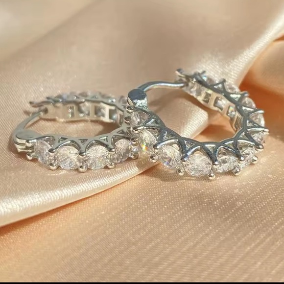Anthropologie wedding earrings Zircon diamond unique Silver Hoop Earrings - Picture 3 of 9